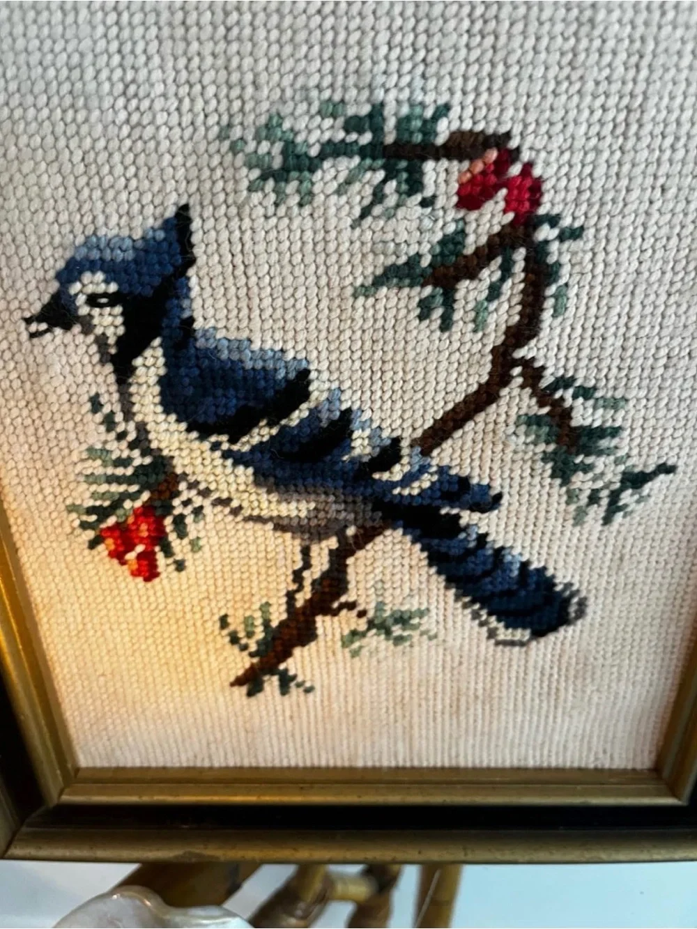 Handmade Blue Jay Cross Stitch Wall Art - Black and gold frame